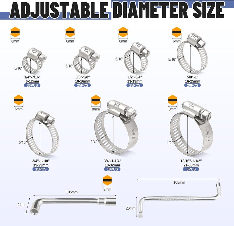 Ailbiuko 130 PCS Hose Clamp Assortment Kit 304 Stainless Steel Hose Clamps Adjustable 1/4"-1-1/2"(6-38mm) Worm Gear Clamps for Fuel Line, Plumbing, Automotive, Pipe, Tube, Radiator, Garden - Image 2